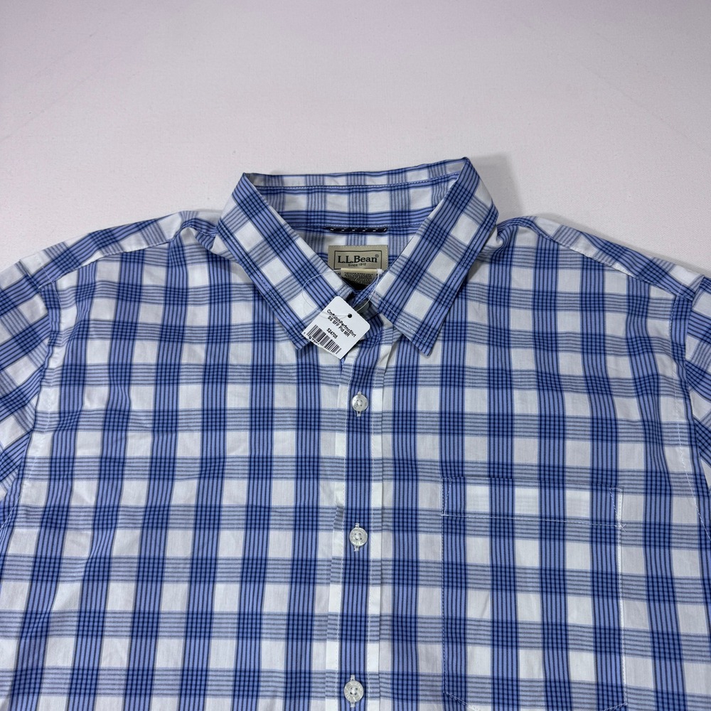 LL Bean Comfort Stretch Performance Shirt Blue Plaid Short Sleeve Medium NWT